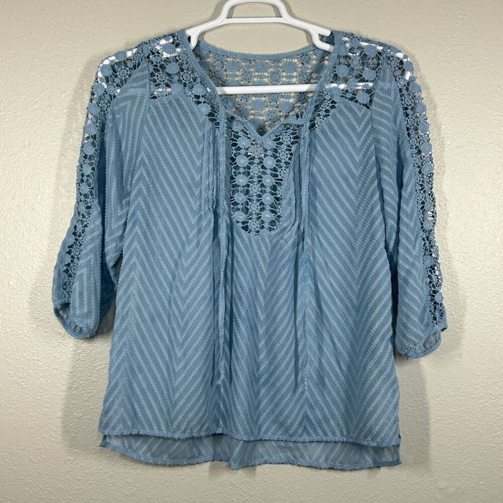 bila Blouse Womens S Light Blue Crochet Lace Peasant Top 3/4 Sleeve V-Neck